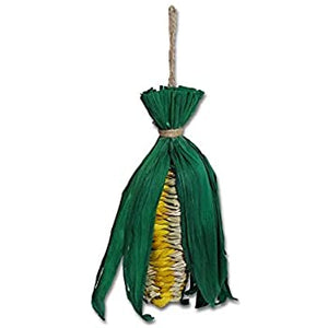 Hanging pet toy made of straw, made to look like an ear of corn.