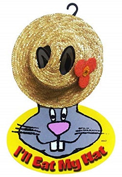 Straw sun hat attached to ears of cardboard depiction of a rabbit with the text 'I'll eat my hat'.