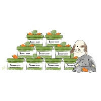 A drawing of two rabbits next to a pyramid of boxes containing vegetables.