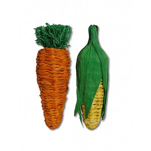 Two toys, one shaped like a carrot and the other like an ear of corn. Made from corn leaf and rattan.