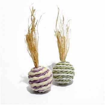 Two striped balls in alternating white and pastel colours with a plume of dried corn leaves out the top. Made of corn leaf and twisted paper.