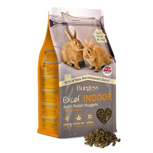 Burgess Excel Indoor Adult Rabbit Nuggets bag with feed alongside.