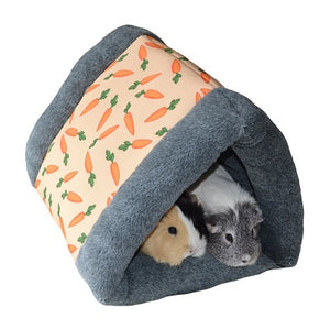 Two guinea pigs in Carrot Snuggle and Sleep Tunnel. Carrot pattern with grey trim and interior.