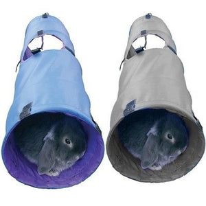 A blue tunnel and a grey tunnel with rabbits inside each.
