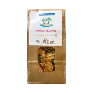 Brown bag with a plastic window containing dried leaves, fruit and vegetables. Label says 'Summer Festival'.