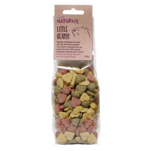 Small cracker-like snacks in multicoloured heart shapes. In a labelled clear plastic bag.