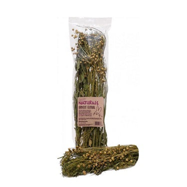 Dried herbs, grasses and other plants in a clear plastic bag.
